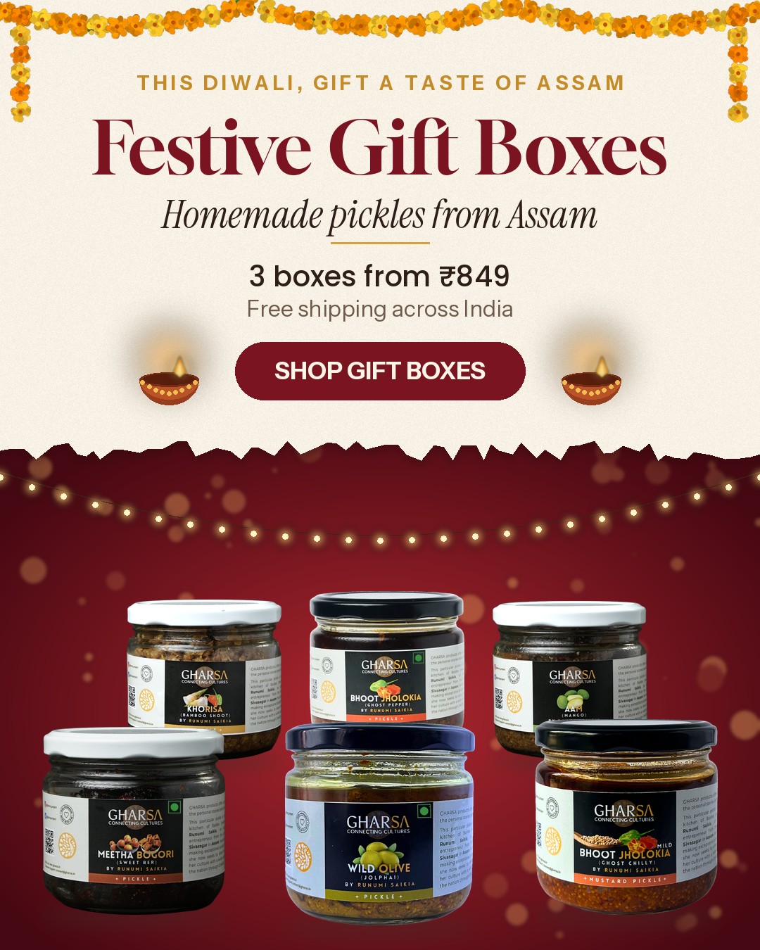 GHARSA Diwali festive gift boxes – homemade pickles from Assam, from ₹849 with free shipping