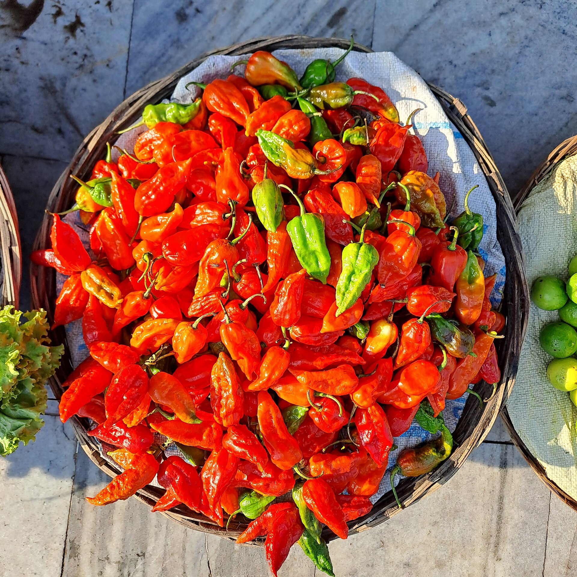 A basket of ripe red and orange bhut jolokia (ghost pepper) chillies at Ganeshguri market, Guwahati